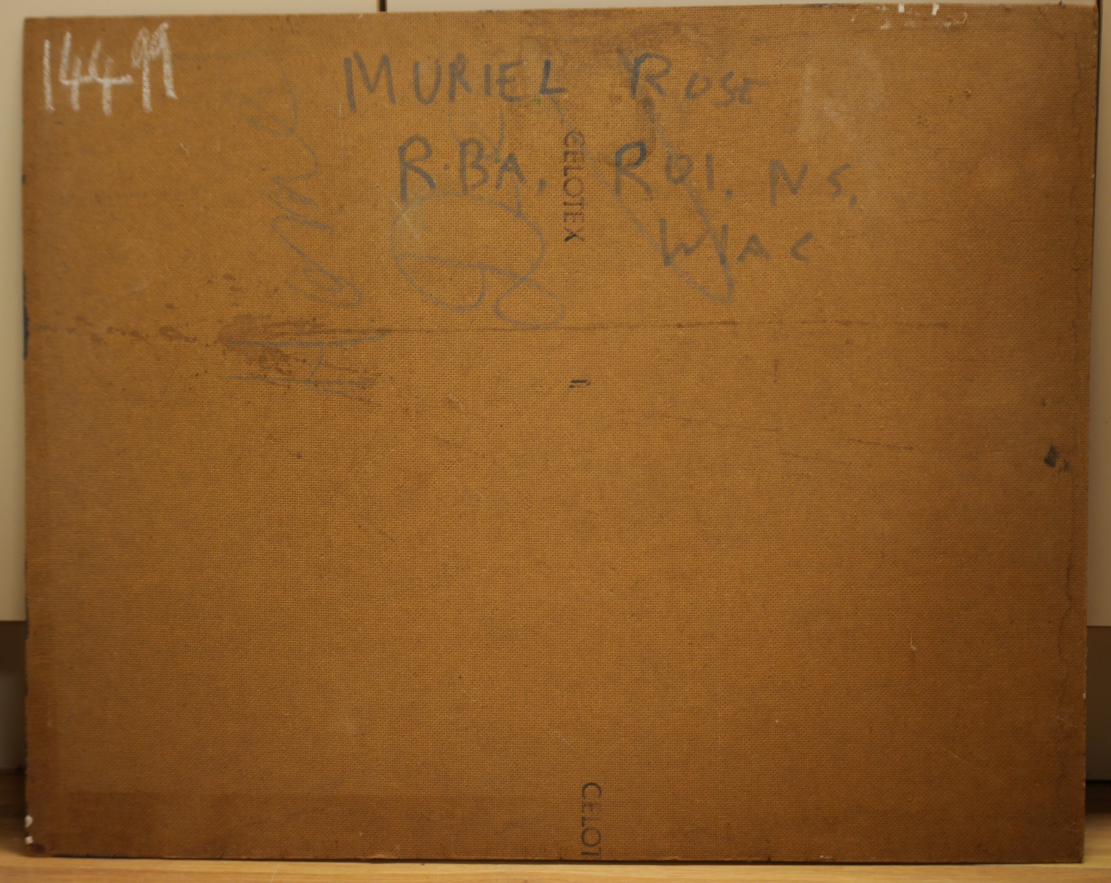 Muriel Rose, RBA, ROI (1923-2012), oil on board, Abstract landscape, 60 x 75cm, signed and unframed. Condition - fair